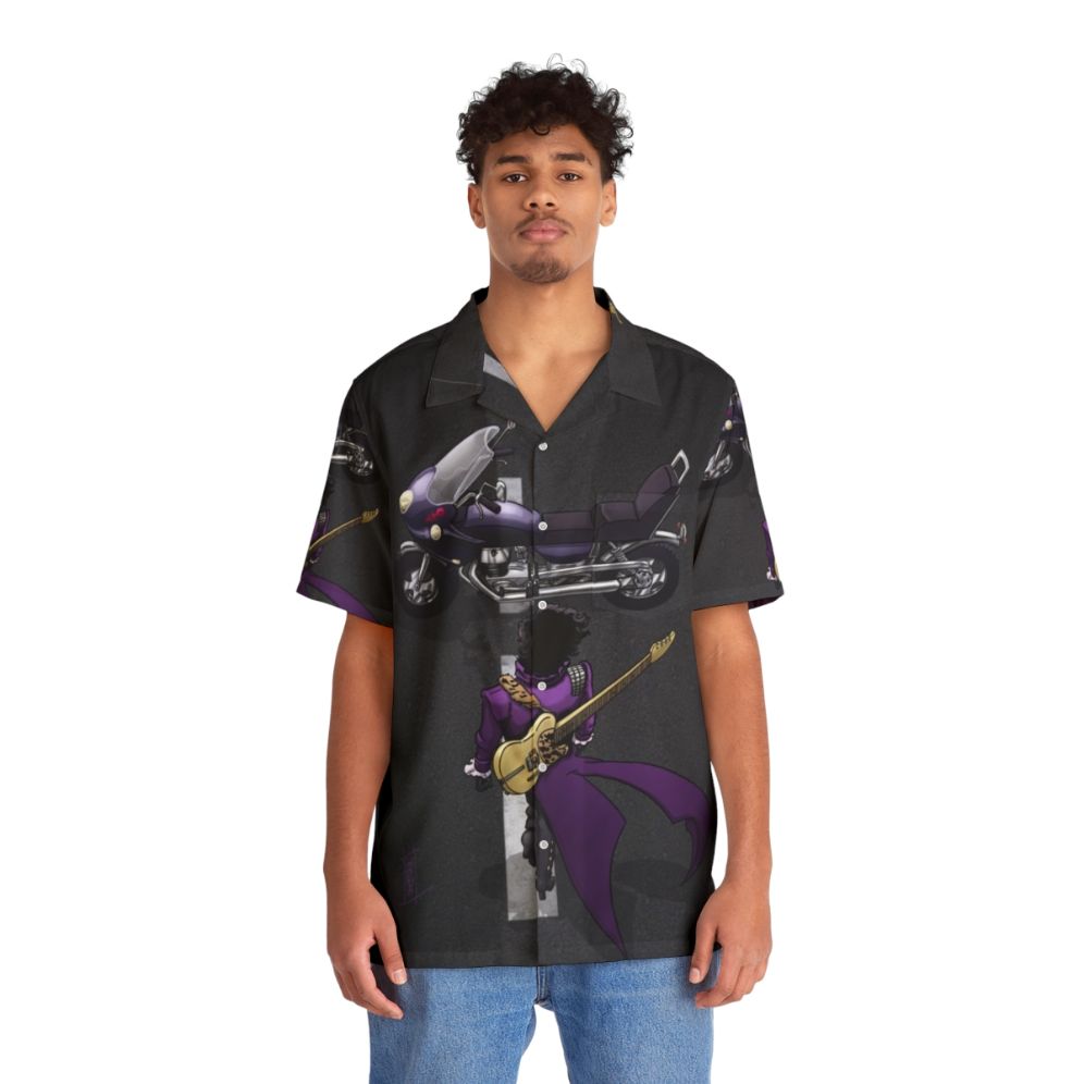 Purple Hawaiian shirt with motorcycle and guitar design - People Front