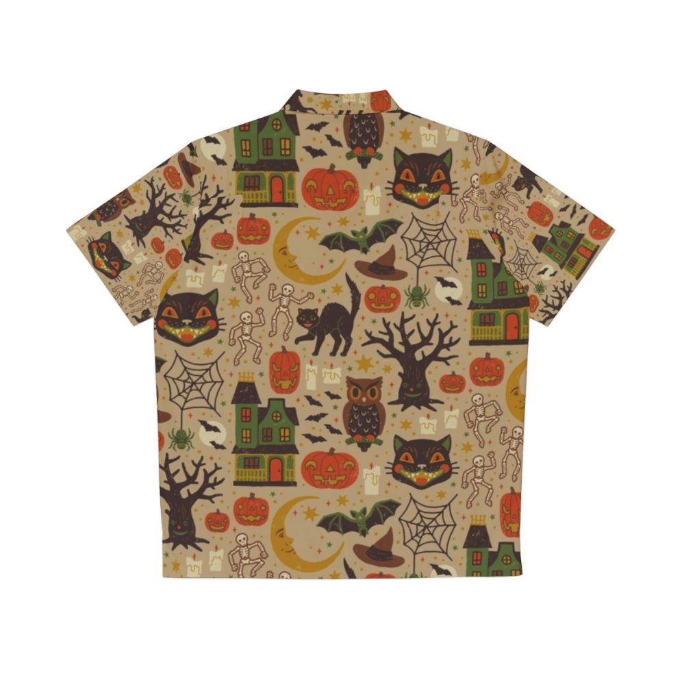 Vintage Halloween Hawaiian Shirt with Bats, Pumpkins, and Haunted House - Back