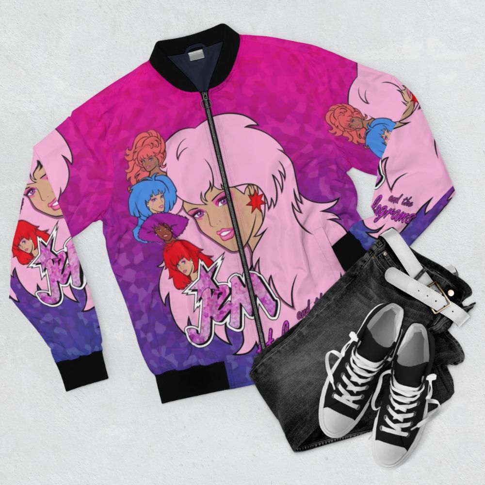 Vibrant 80s-inspired Jem and the Holograms bomber jacket with bold graphics - Flat lay