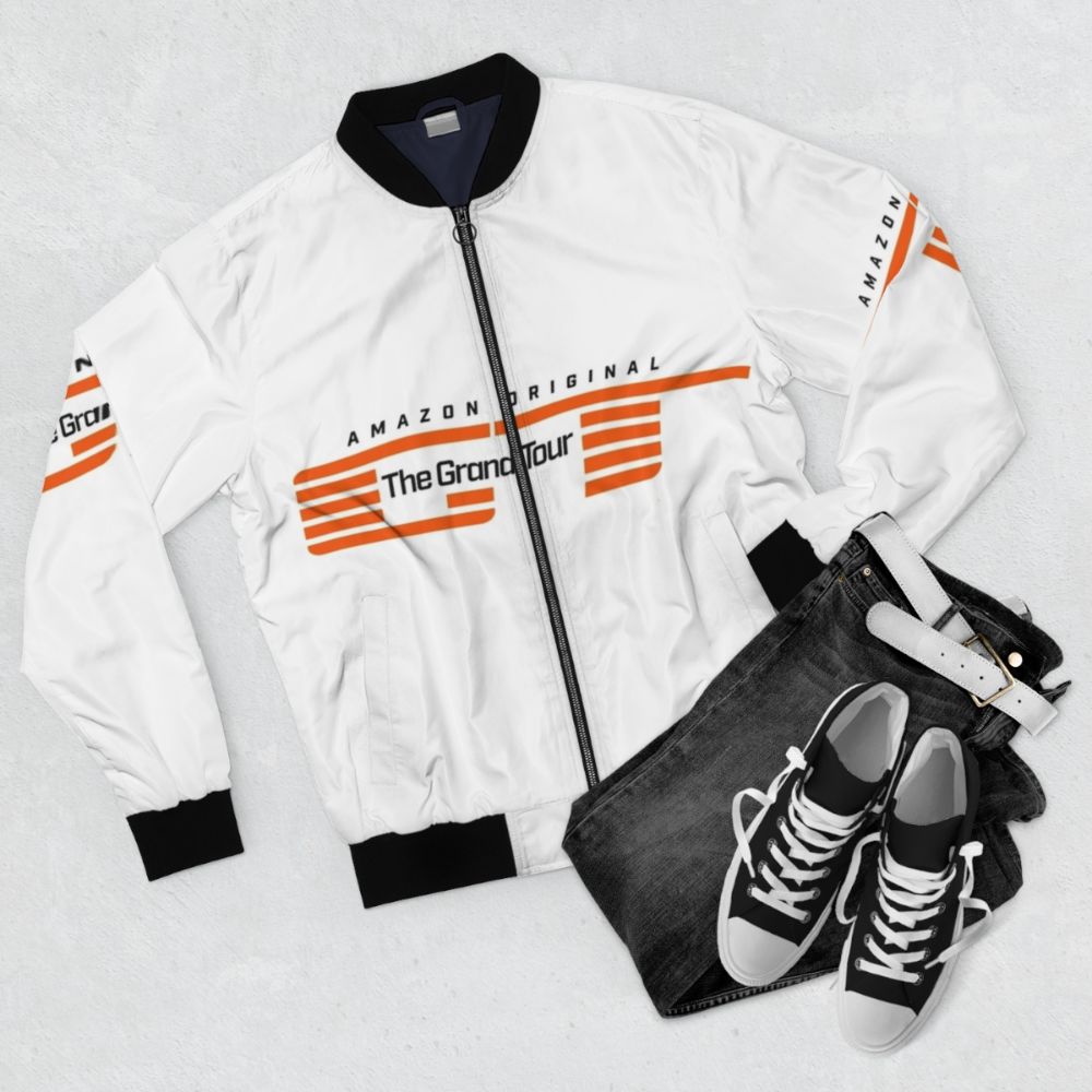 The Grand Tour Automotive Bomber Jacket with cars, grand tour, drivetribe, and top gear designs - Flat lay