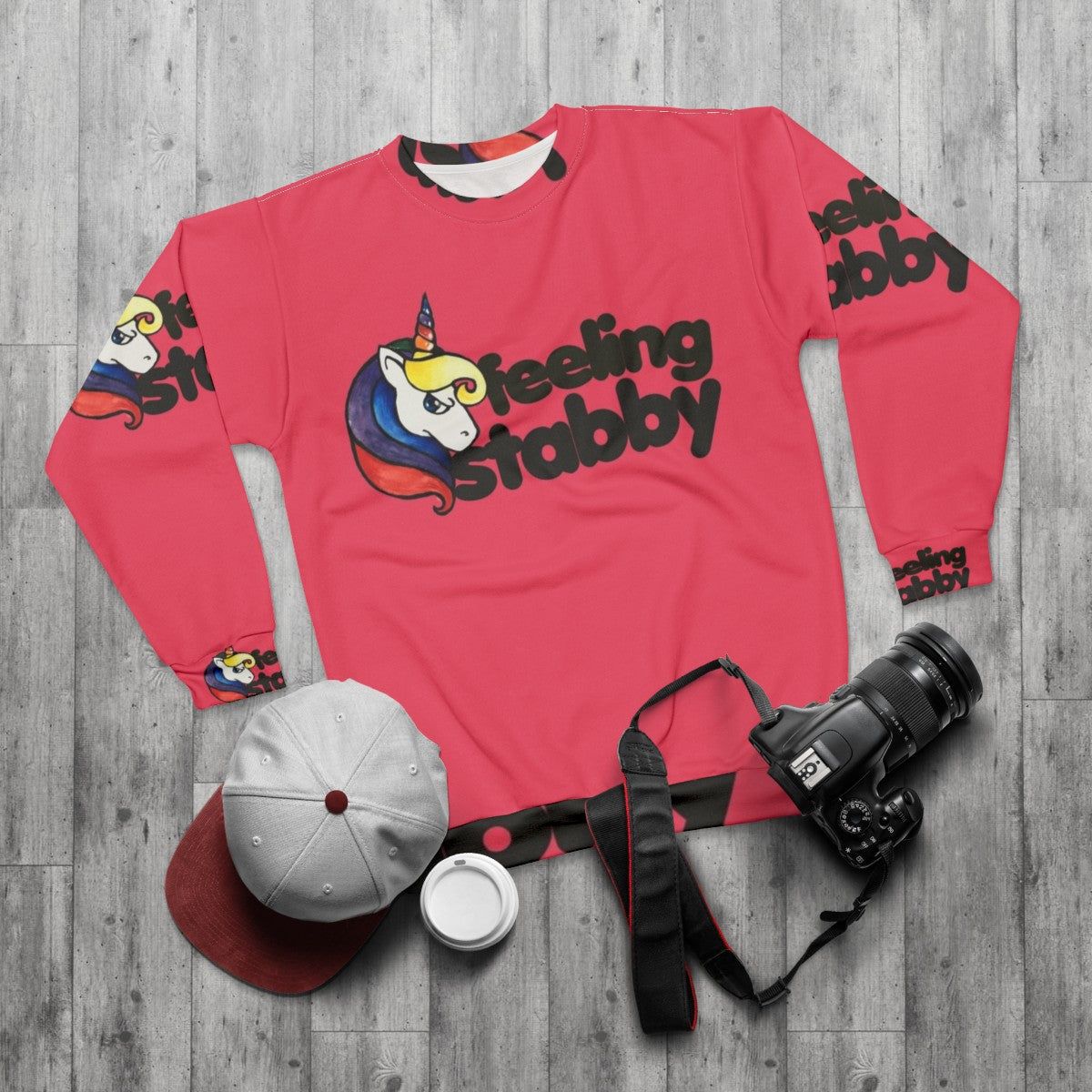 Feeling Stabby Retro Rainbow Unicorn Sweatshirt - flat lay