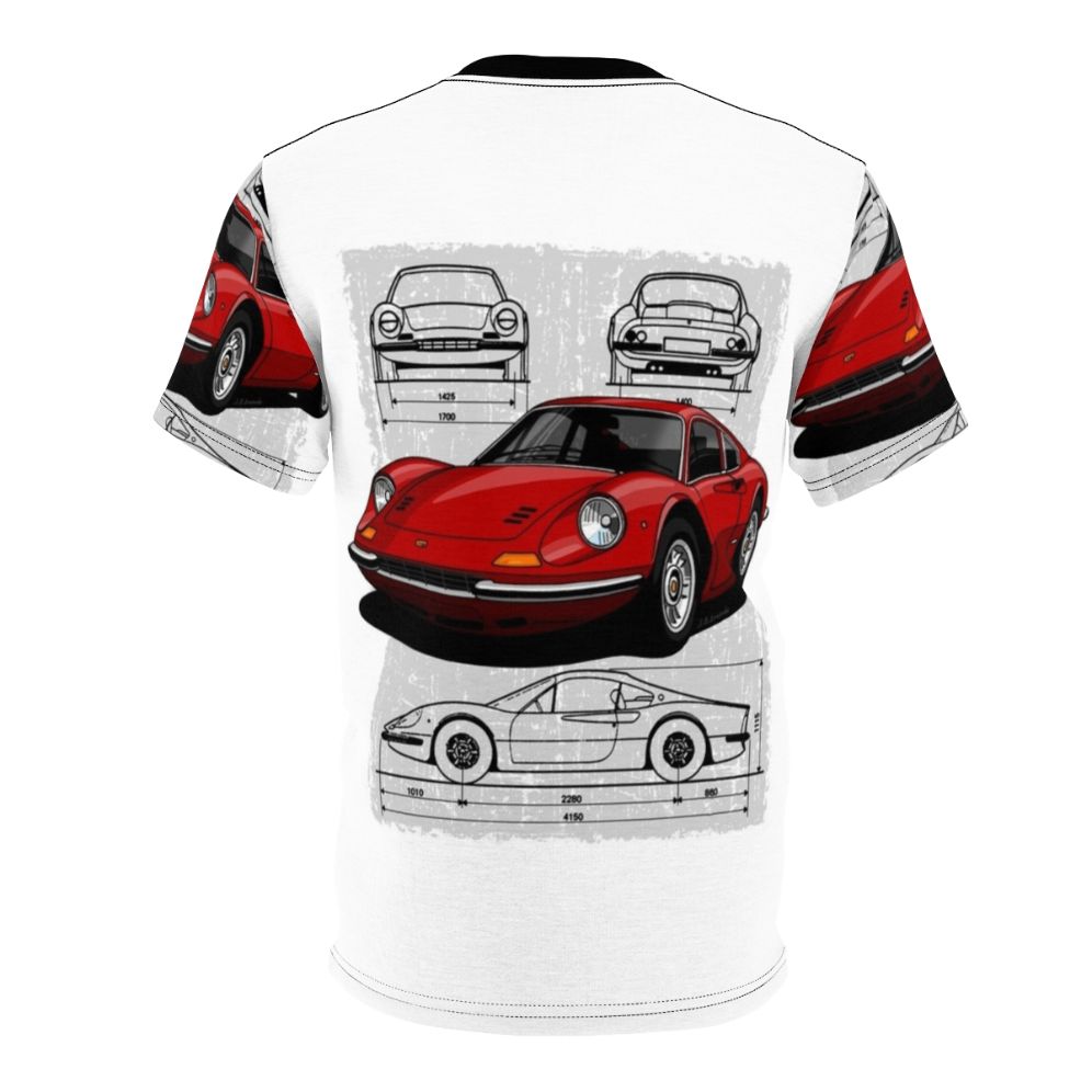 Illustration of an iconic Ferrari Dino 206 GTB sports car on a t-shirt - Back