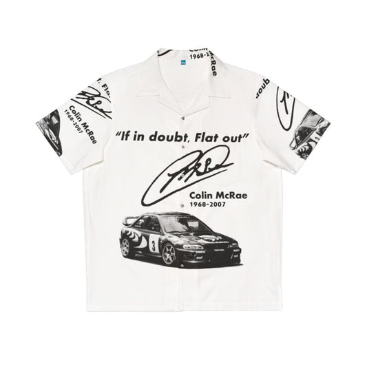 Rally-inspired Subaru Hawaiian shirt with "If in Doubt Flat Out" design