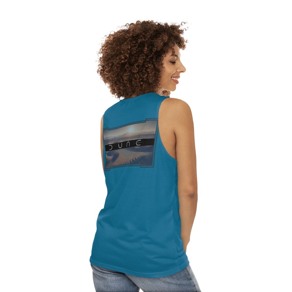 Dune-inspired unisex tank top with desert planet and two moons design - women back