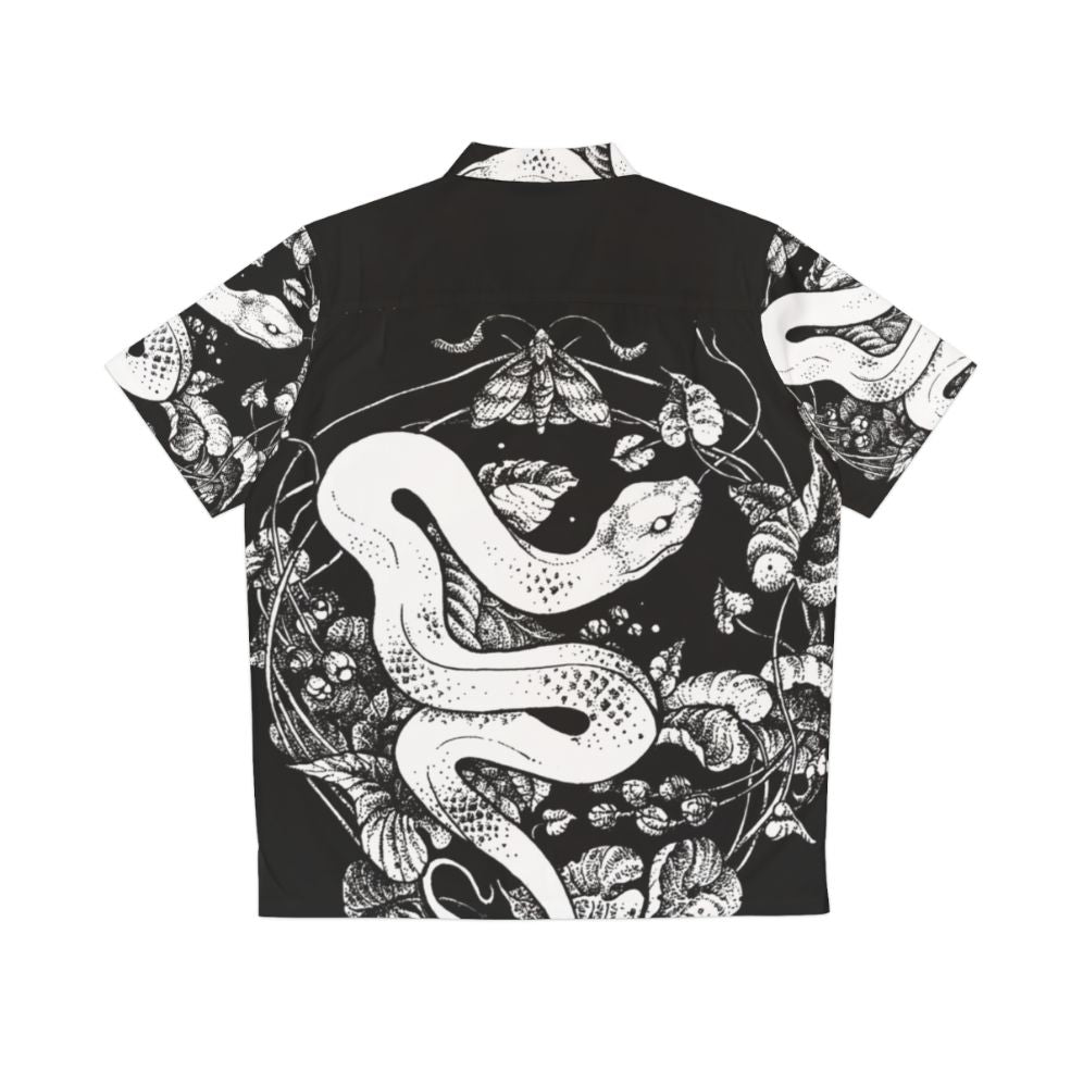 Dark and mysterious black and white Hawaiian shirt with nature inspired graphic illustration - Back