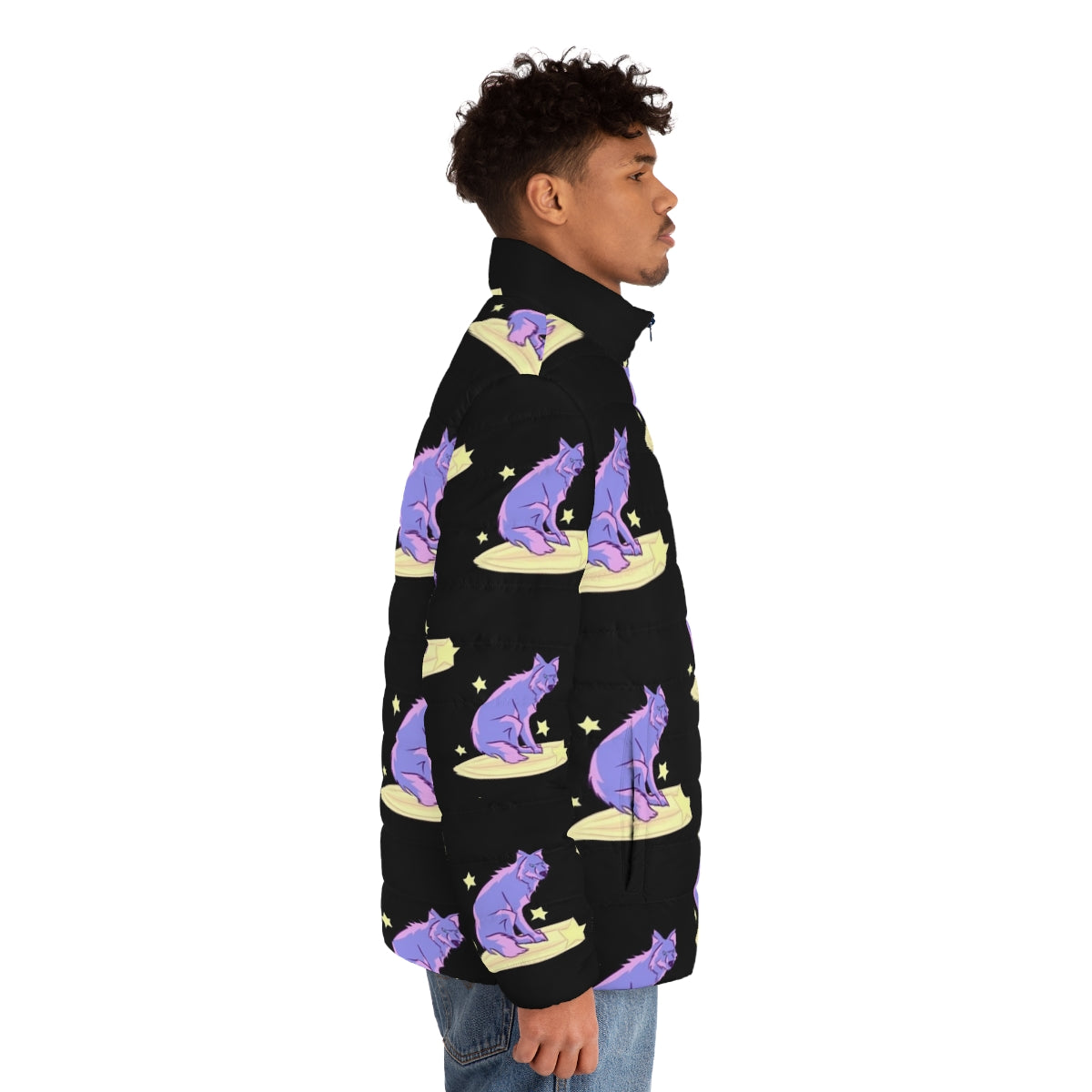 A puffer jacket featuring a majestic celestial wolf design against a night sky of stars - men side right