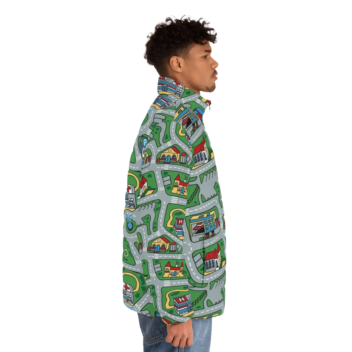 A 90s-inspired puffer jacket with a nostalgic toy car and city carpet road rug design - men side right