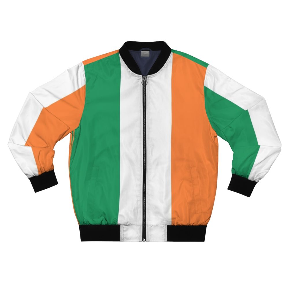 A bomber jacket featuring the iconic Irish tricolor flag