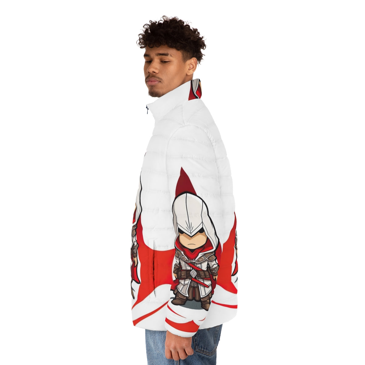 Assassin's Creed inspired chibi puffer jacket featuring the game's iconic logo - men side left