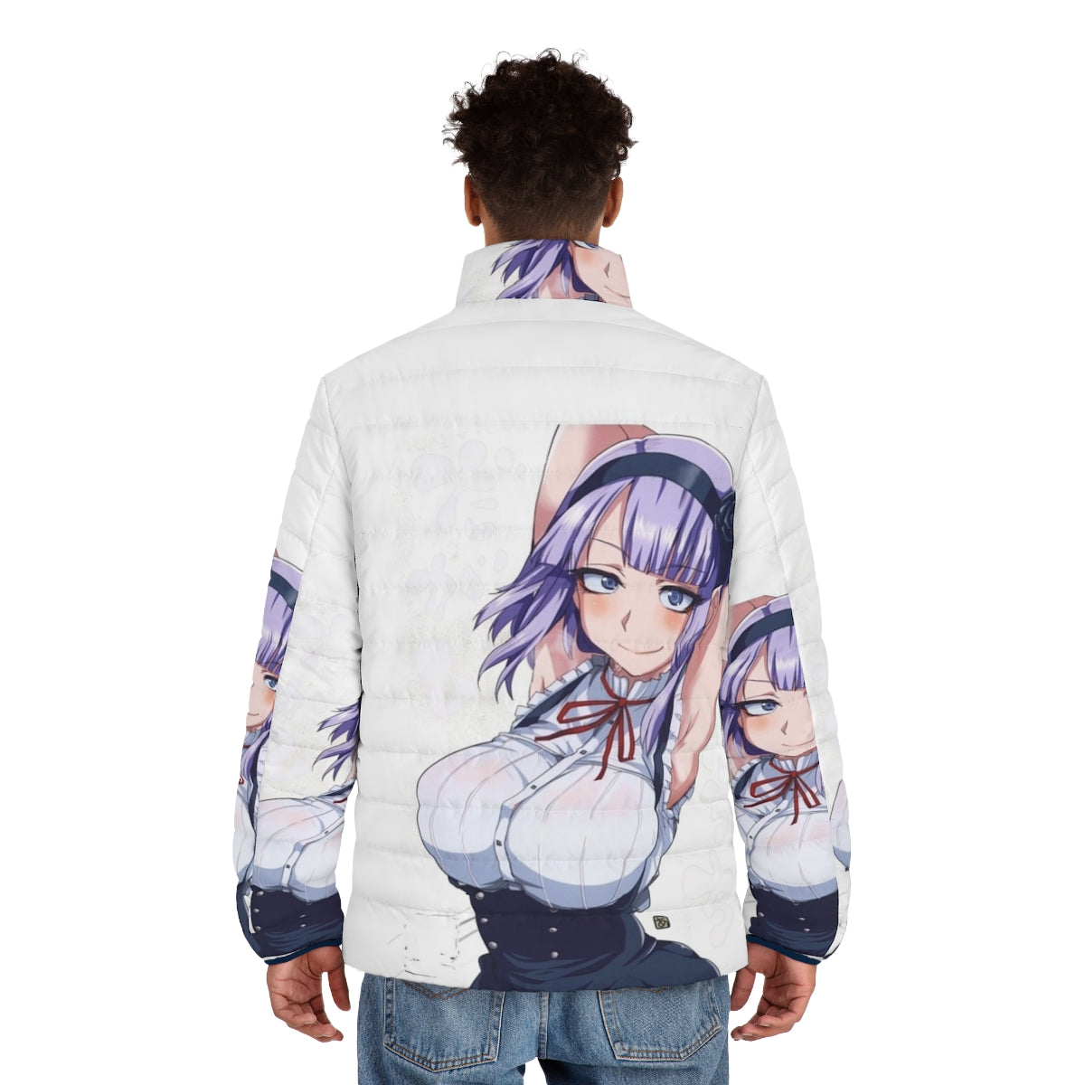 Dagashi Kashi Hotaru anime puffer jacket with vibrant anime design - men back