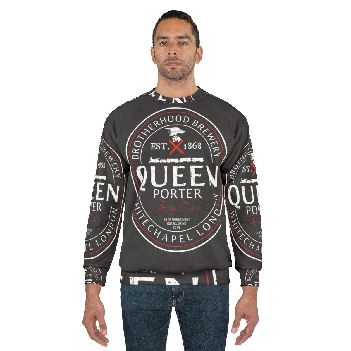 Assassin's Creed inspired gaming sweatshirt with beer label graphic - men