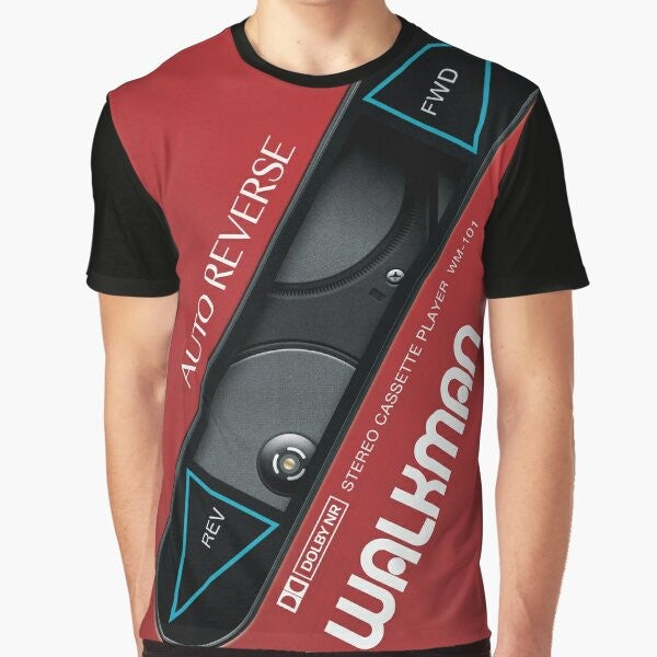 A retro-style graphic t-shirt featuring the Sony Walkman logo and cassette player design