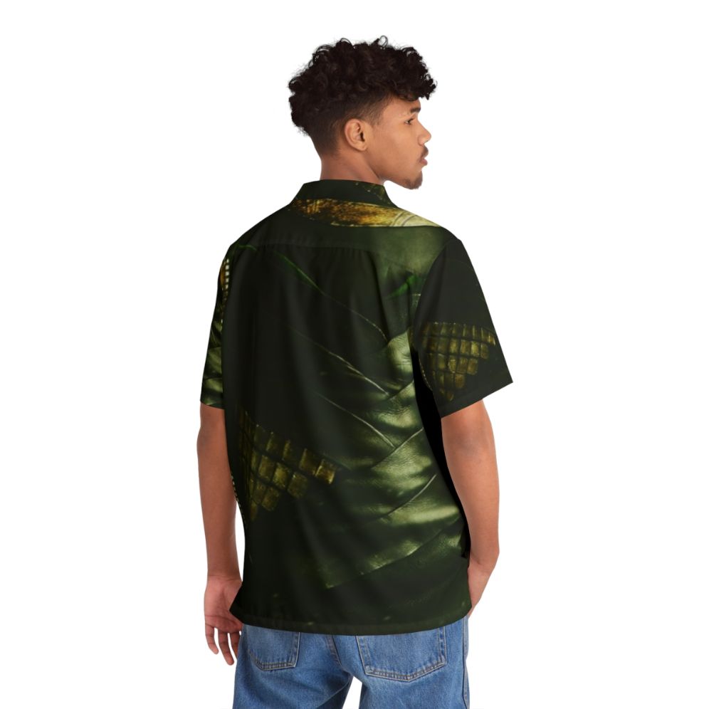 Model wearing a green hawaiian shirt with loki and norse mythology design - People Back