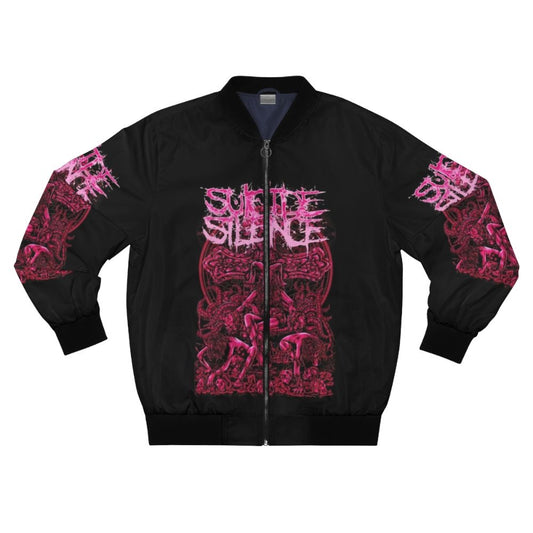 Suicide Silence metal band logo printed on a black bomber jacket