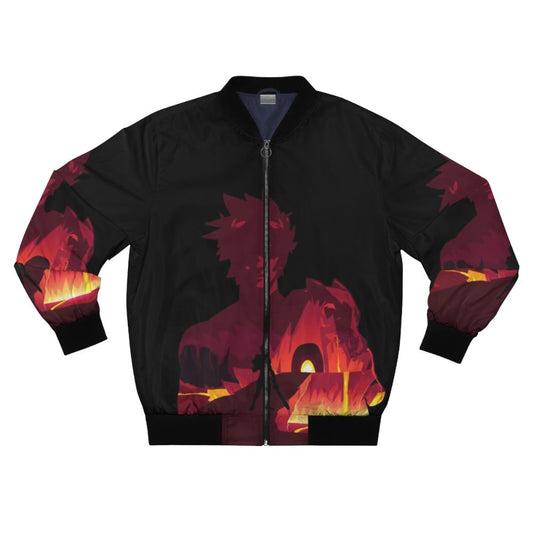 Zagreus Hades Negative Illusion Bomber Jacket featuring a double exposure design of the Hades character from the popular video game