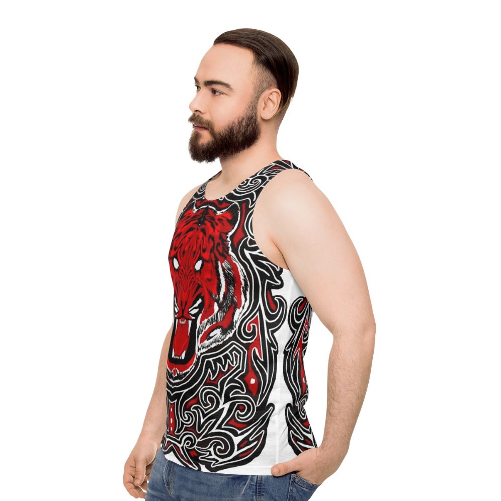 Unisex red tank top with angry tiger Indonesian art design - men side