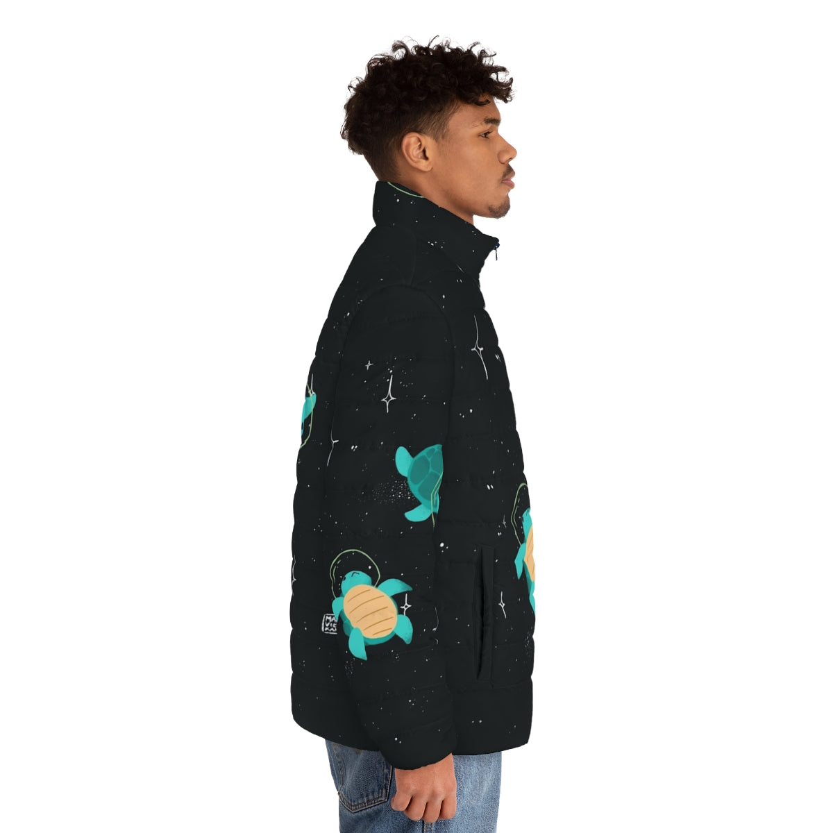 Adorable space turtle wearing a puffer jacket, ready for an intergalactic adventure - men side right