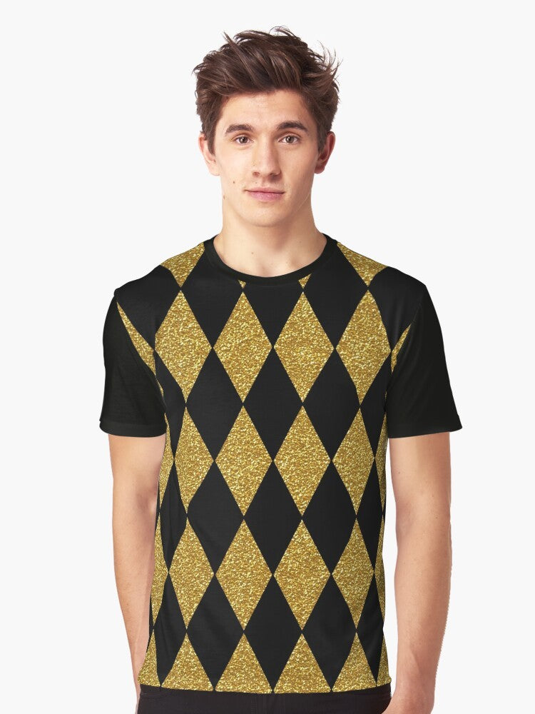 Model wearing a black and gold harlequin graphic t-shirt with a diamond pattern design - Men