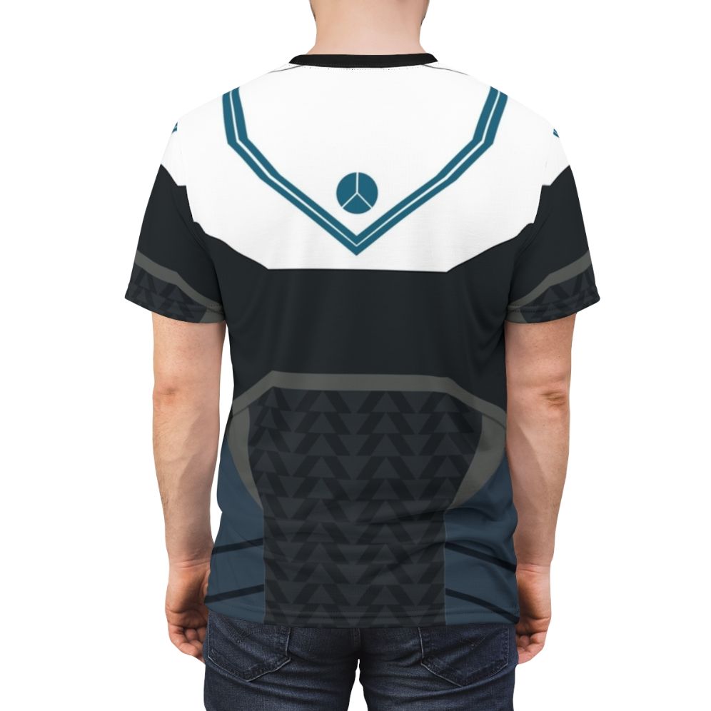 A stylish t-shirt featuring a futuristic sci-fi armour parade design, inspired by the popular video game Destiny. - men back