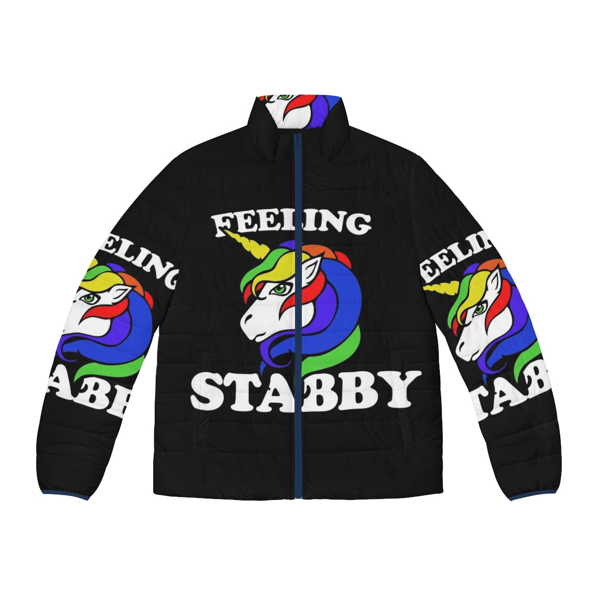 Feeling Stabby Unicorn Puffer Jacket featuring a vibrant rainbow design and legendary animal graphics