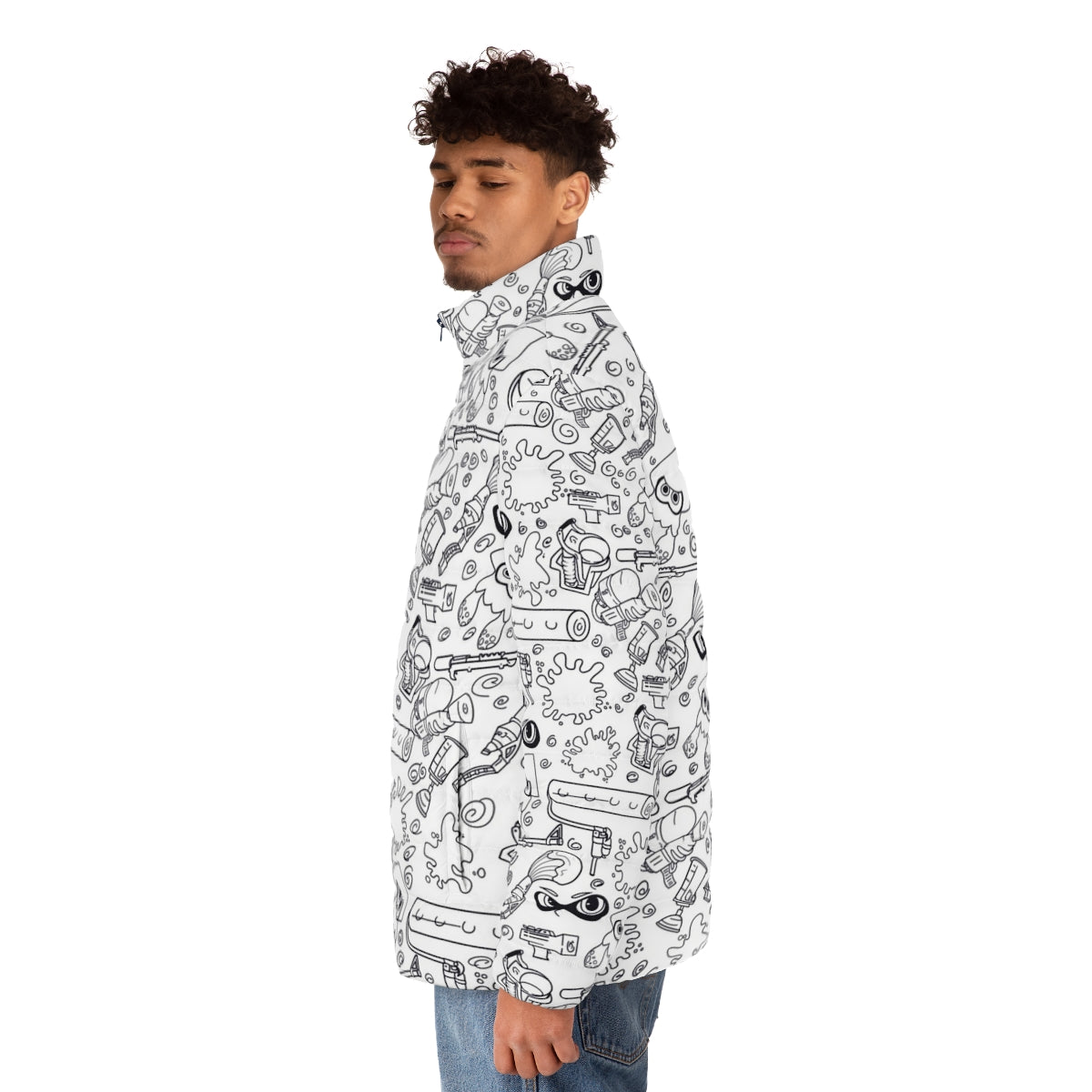 Splat N Guns Splatoon Puffer Jacket featuring Splatoon characters and colors - men side left