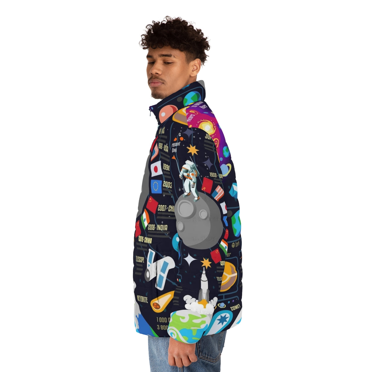 Space-inspired puffer jacket with infographic design of the universe and big bang - men side left