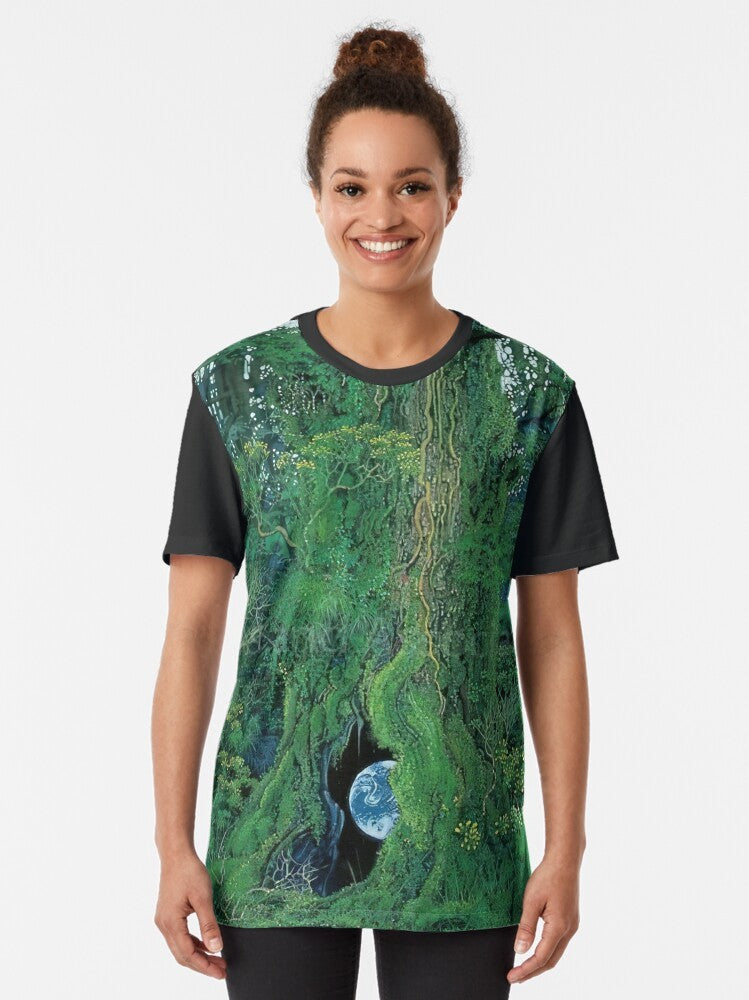 Hiroo Isono's nature art graphic t-shirt featuring colorful watercolor paintings of wildlife and forest scenes - Women