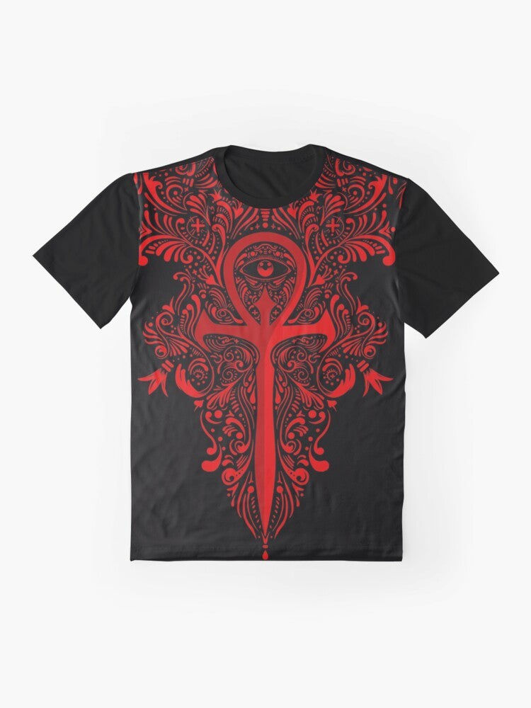 Vampire the Masquerade Graphic T-Shirt featuring an ankh and gothic design - Flat lay