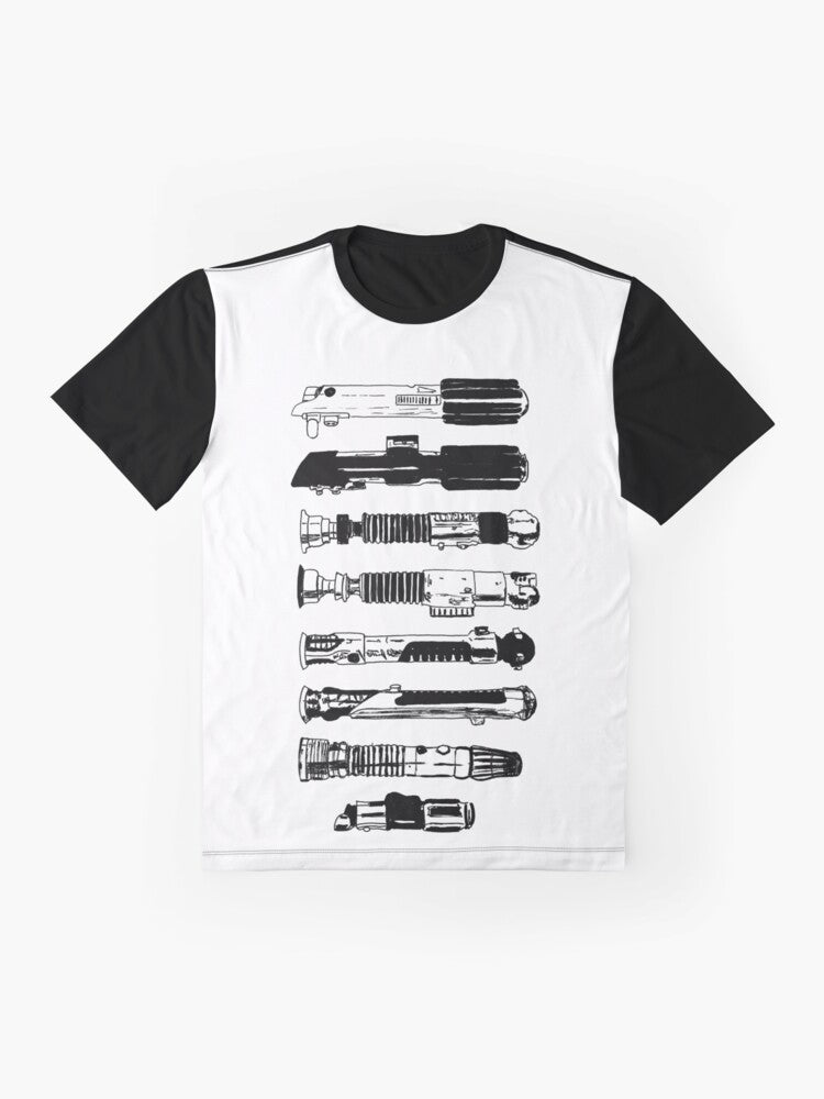 Minimalist graphic t-shirt featuring the iconic Star Wars logo and design elements - Flat lay