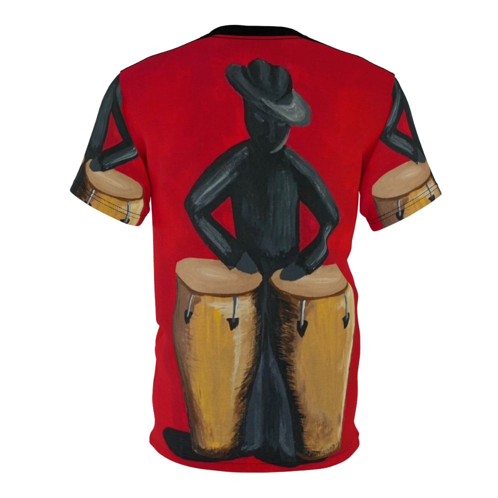 Colorful AOP T-shirt featuring a salsero conga player and vibrant Latin music art - Back