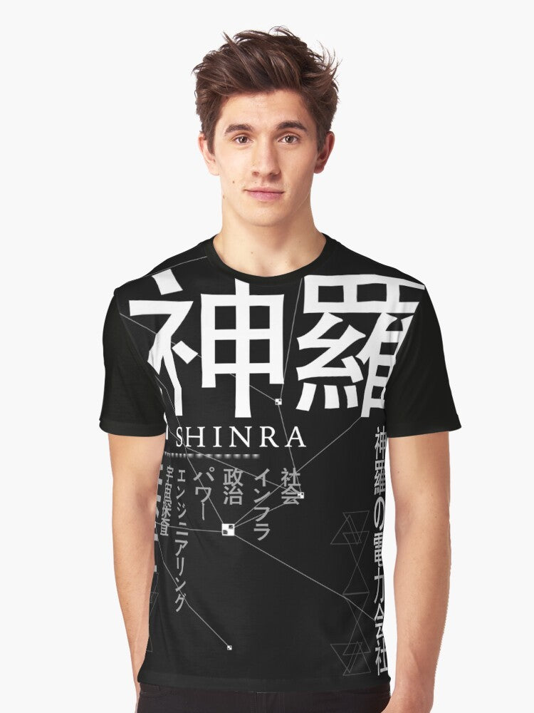 Shinra Electric Power Company graphic t-shirt featuring the iconic logo and design from the Final Fantasy video game series - Men