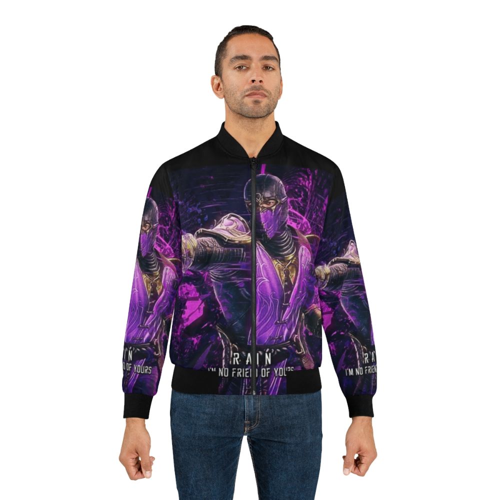 Mortal Kombat Rain Bomber Jacket featuring colorful abstract ninja characters and fighting game elements - Lifestyle