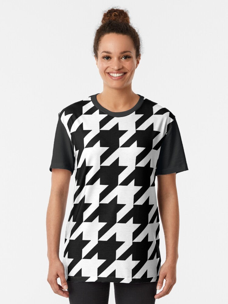 Classic black and white houndstooth pattern graphic t-shirt - Women