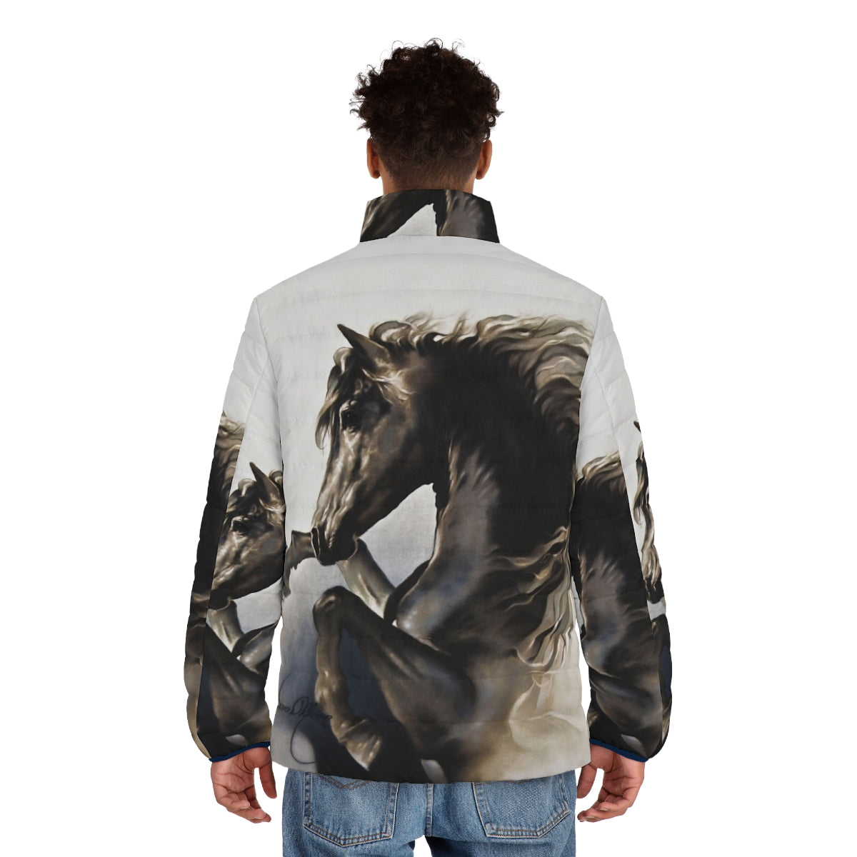 Black puffer jacket with a rearing black stallion design - men back