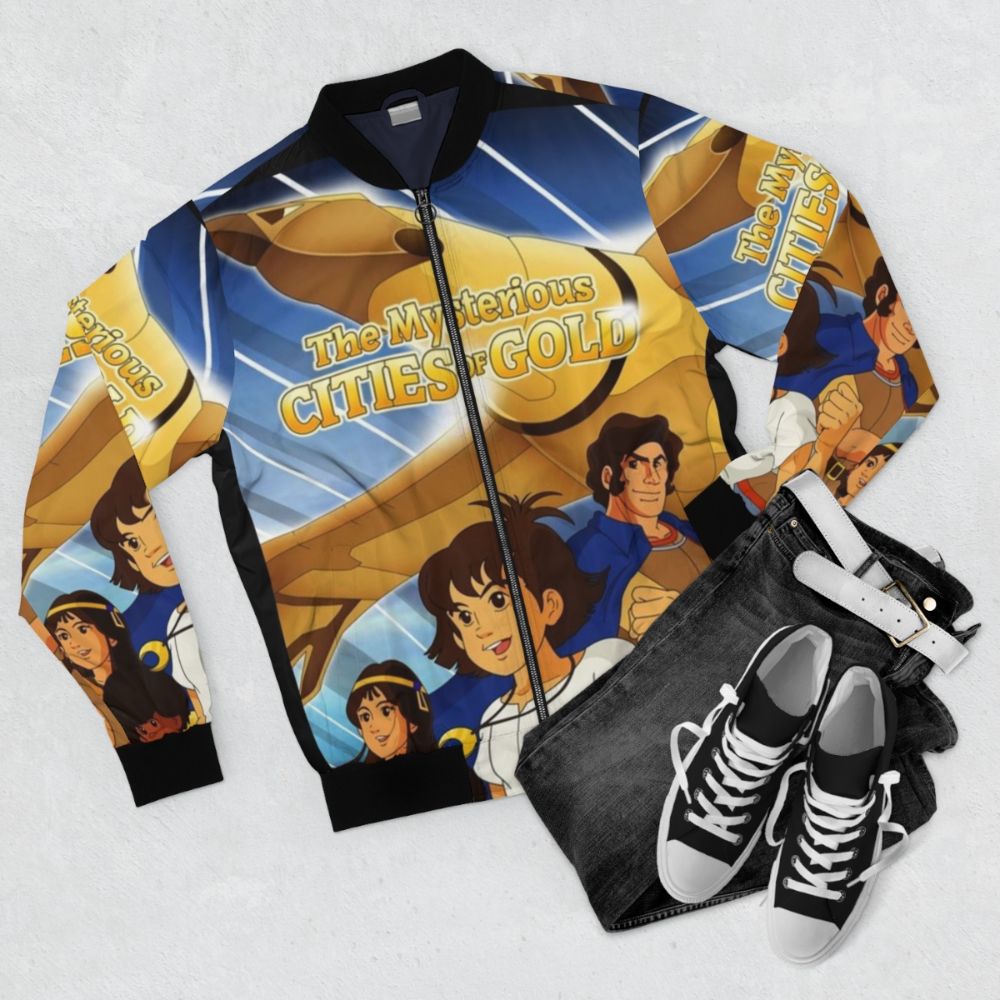 Retro bomber jacket featuring the iconic characters from the 80s anime series "The Mysterious Cities of Gold" - Flat lay