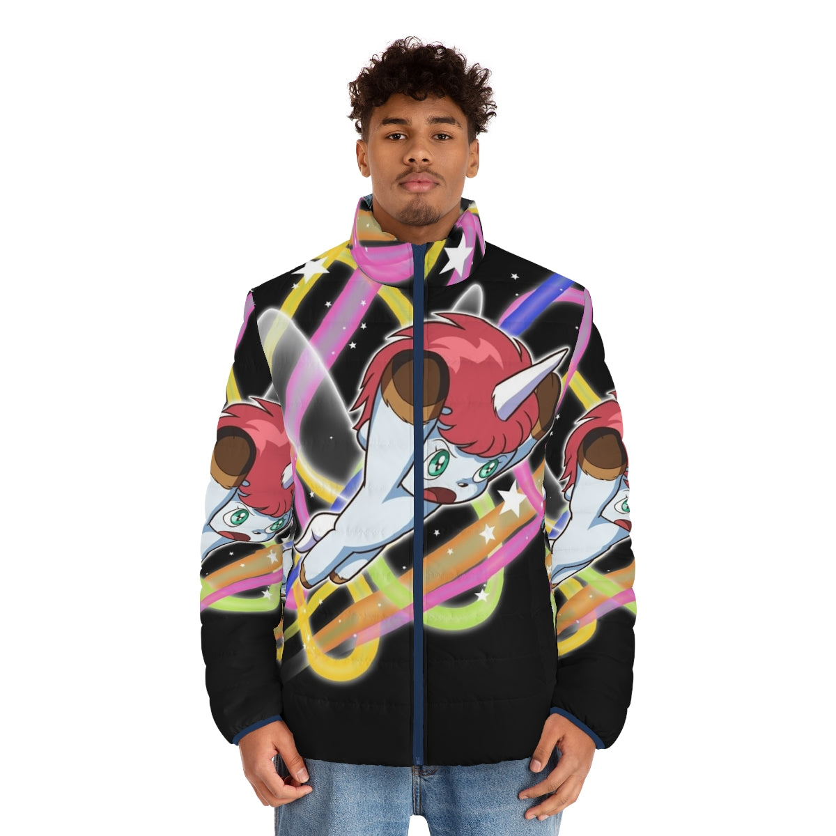 Unico puffer jacket featuring a cute unicorn design - men front