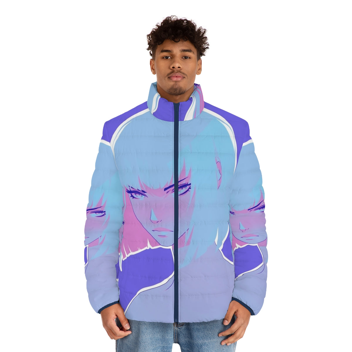 Colorful winter puffer jacket with a modern, anime-inspired design - men front