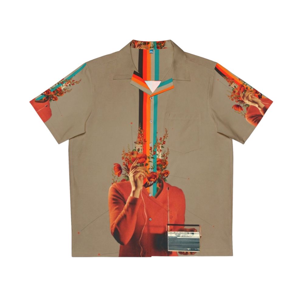 Vibrant Musicolor Hawaiian shirt featuring a retro-inspired music and floral collage design