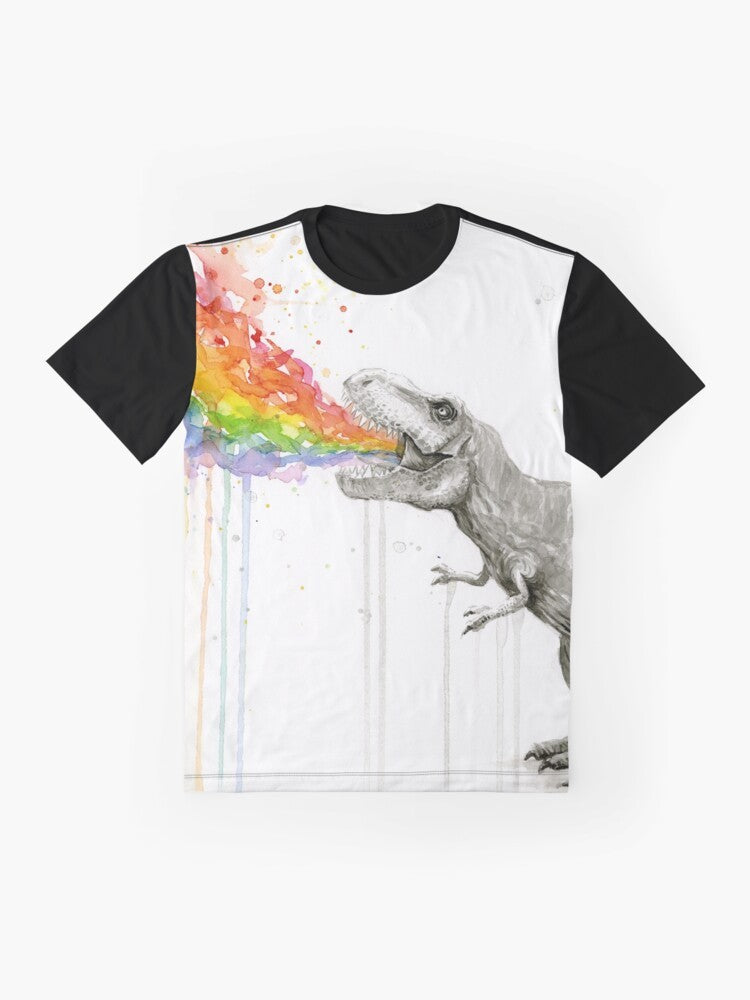 Whimsical watercolor illustration of a T-Rex dinosaur vomiting a colorful rainbow. - Flat lay