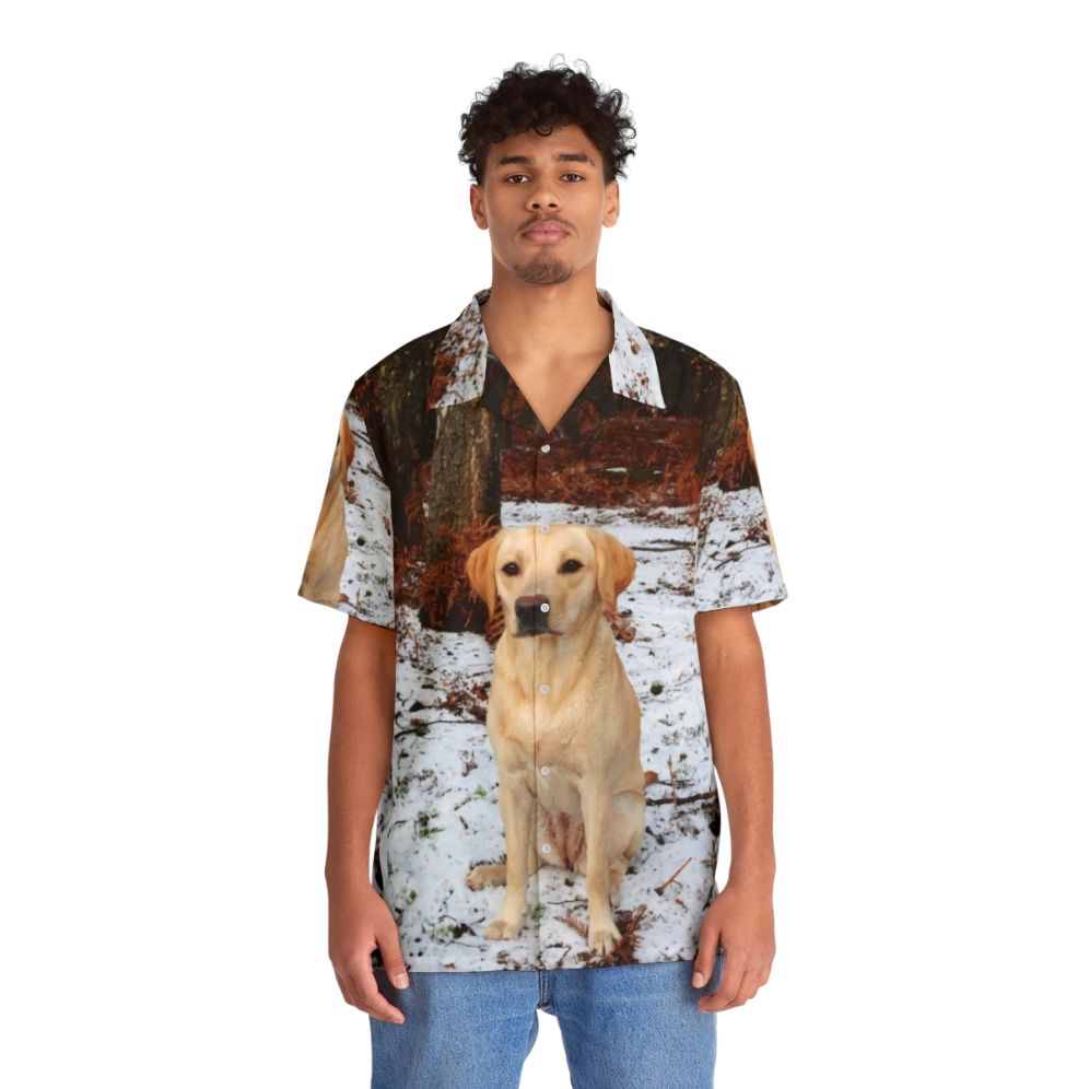 Colorful Hawaiian-style shirt featuring a vibrant yellow labrador retriever - People Front