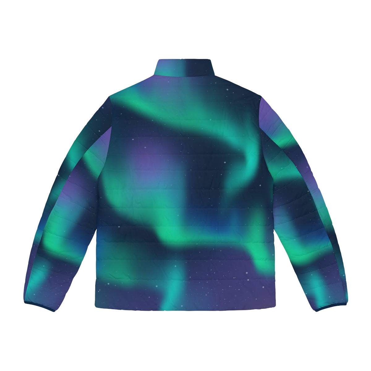 A person wearing a puffer jacket that features the mesmerizing northern lights or aurora borealis in the night sky. - Back