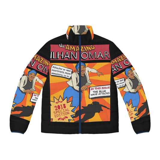 Ilhan Omar Comic Print Puffer Jacket featuring a cartoon style political superhero design