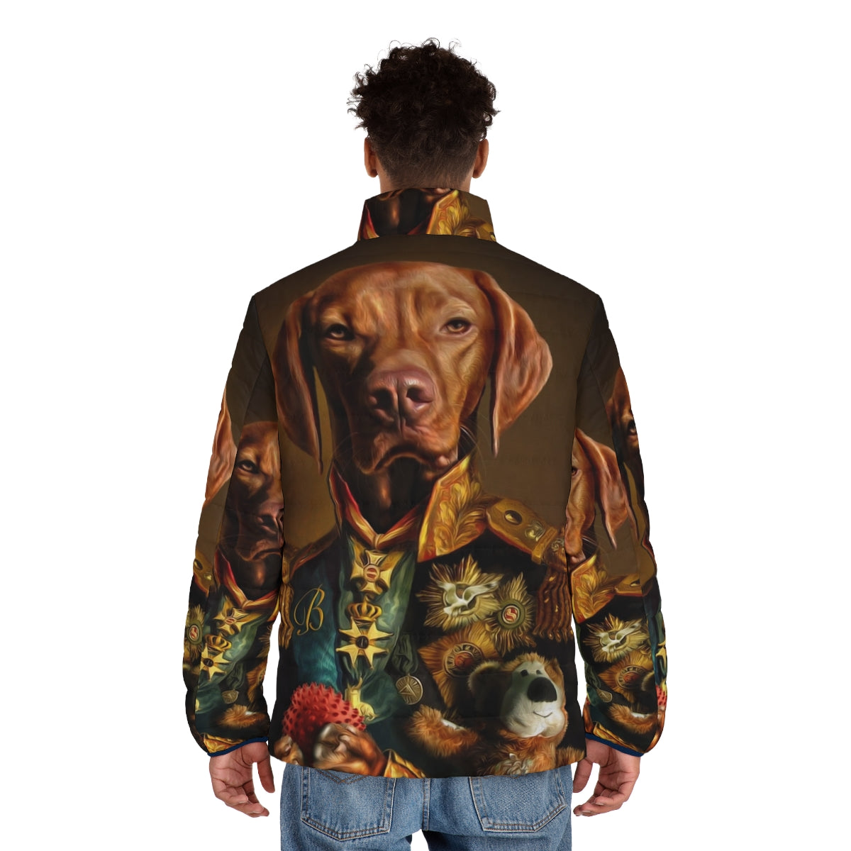 Bertie the Hungarian Vizsla dog portrait puffer jacket - men back