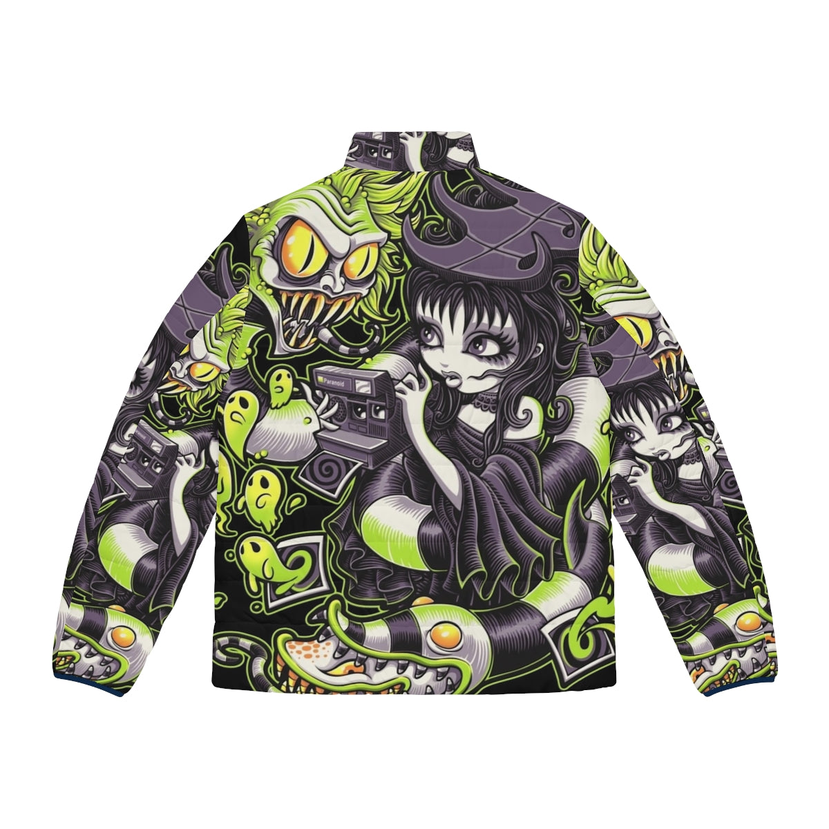 A puffer jacket with a gothic, horror-inspired design featuring Beetlejuice-inspired elements - Back