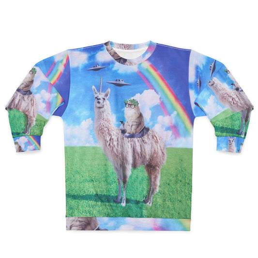 Cosmic cat riding llama unicorn rainbow UFO graphic sweatshirt