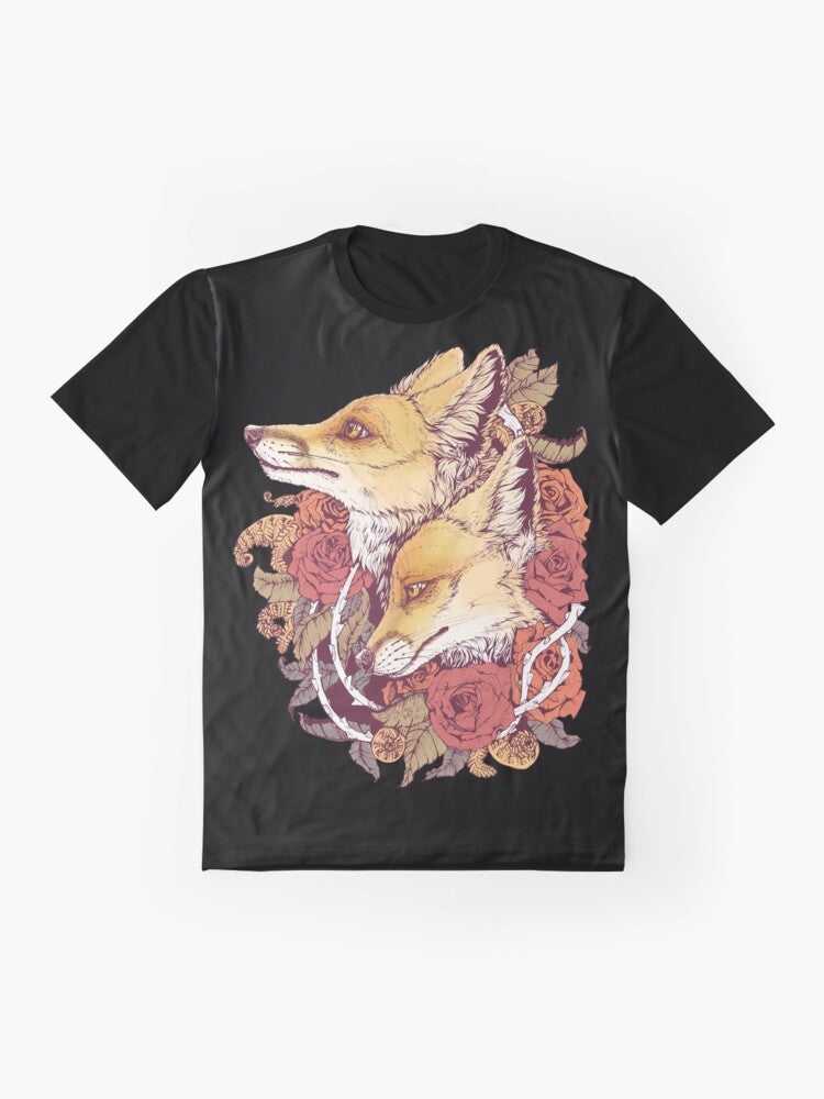 Red fox surrounded by rose buds, ferns, and spirals in a nature-inspired graphic design. - Flat lay