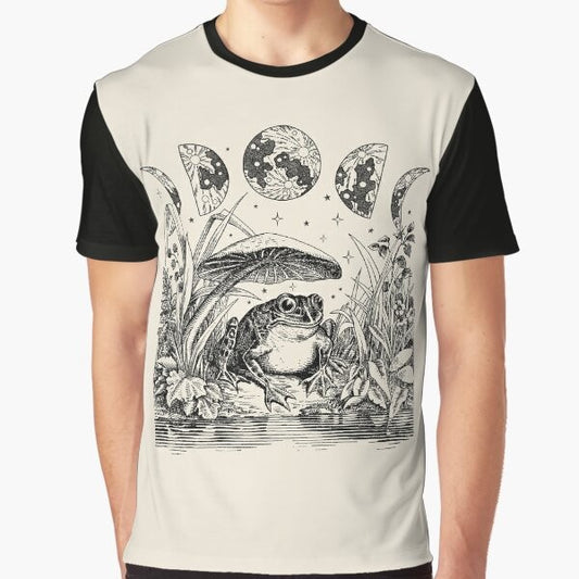 Whimsical graphic t-shirt design featuring a frog sitting on a mushroom under a full moon, with vintage dark academia and fairycore elements.