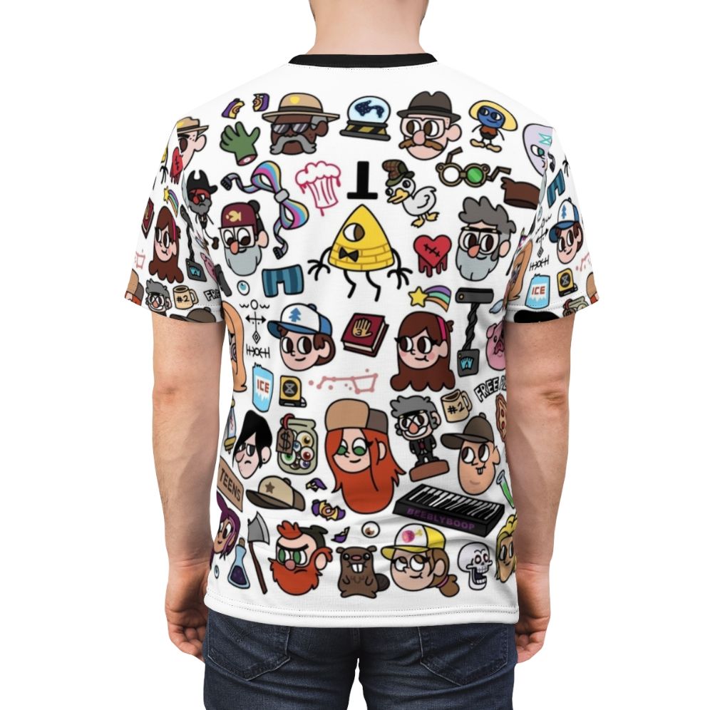 Gravity Falls inspired doodle design t-shirt featuring characters Dipper, Mabel, and Bill Cipher - men back