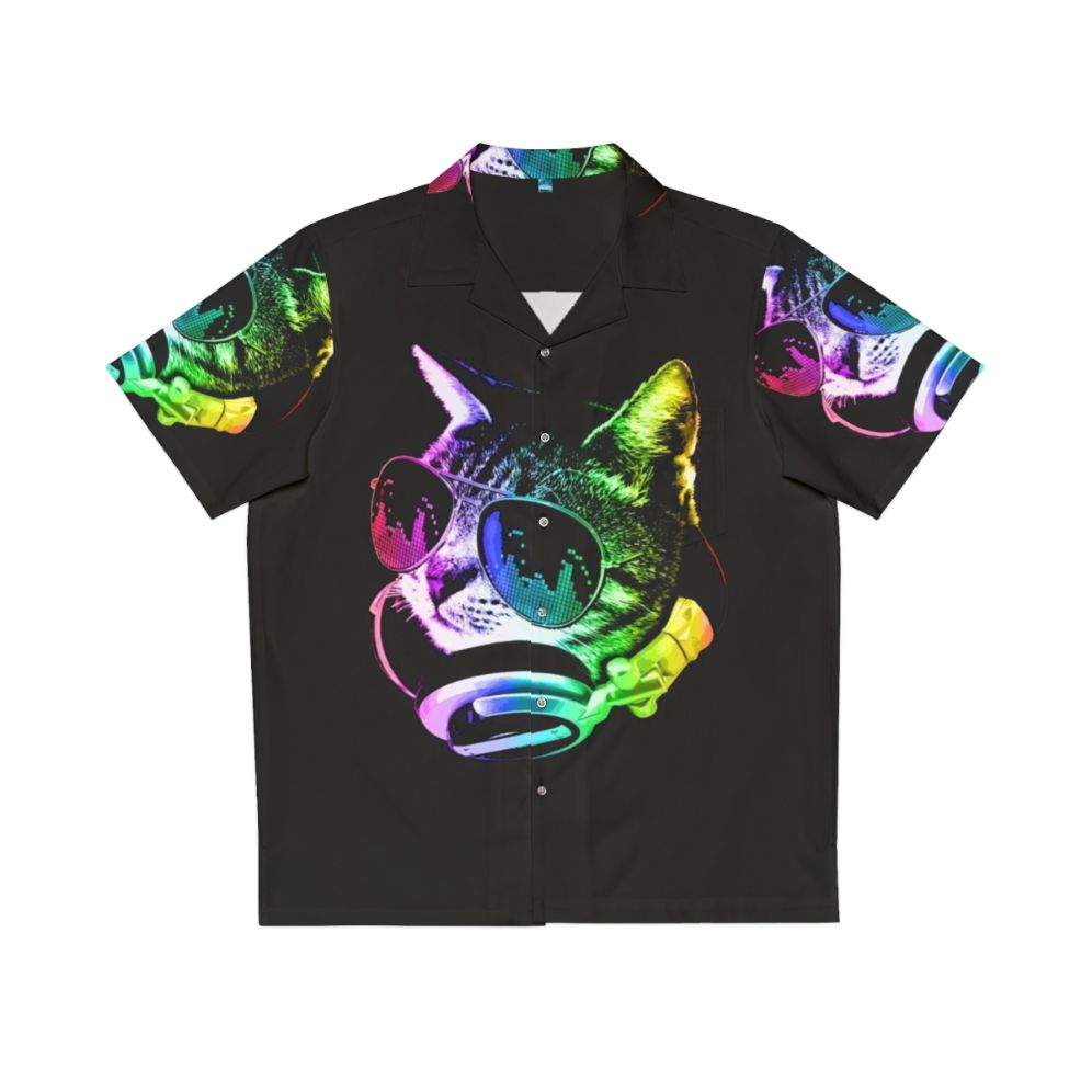 Rainbow Music Cat Hawaiian Shirt featuring a cat wearing headphones