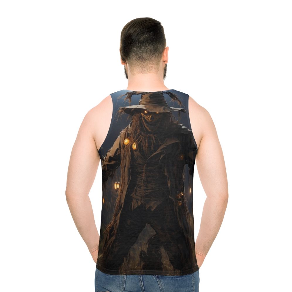 Unisex horror tank top with spooky scarecrow design - men back